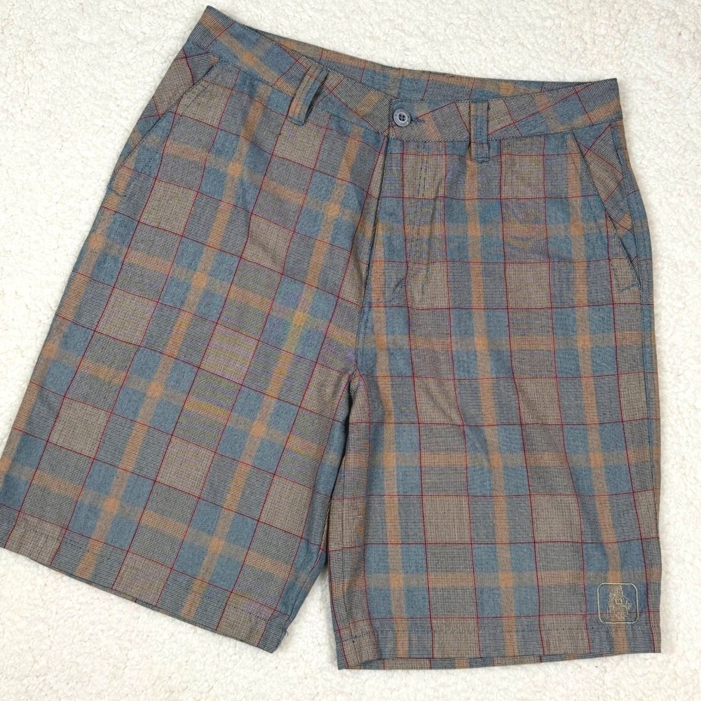 Katin Mens Plaid Surf Shorts Sz 34 Blue Tan Red Flat Front Casual Utility Pocket